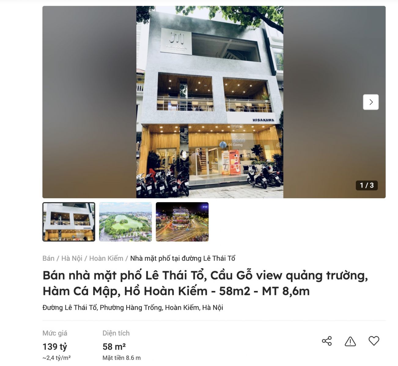 Cụ thể, theo bảng giá đất mới, mức cao nhất của thành phố thuộc về quận Hoàn Kiếm với giá 695,3 triệu đồng/m2, gồm các đường Lê Thái Tổ, Hàng Ngang, Hàng Đào, Trần Hưng Đạo, Nhà Thờ, Hai Bà Trưng.  Tuy nhiên, theo khảo sát, giá nhà đất tại các vị trí này có giá rao bán thực tế trên thị trường cao gấp nhiều lần.  Đơn cử, 1 căn nhà mặt phố Lê Thái Tổ có diện tích 58m2, mặt tiền 8,6m, view quảng trường, Hàm Cá Mập và hồ Hoàn Kiếm hiện đang được rao bán với giá 139 tỷ đồng, tương đương khoảng 2,4 tỷ đồng/m2, gấp 3,4 lần so với giá trên bảng giá đất.